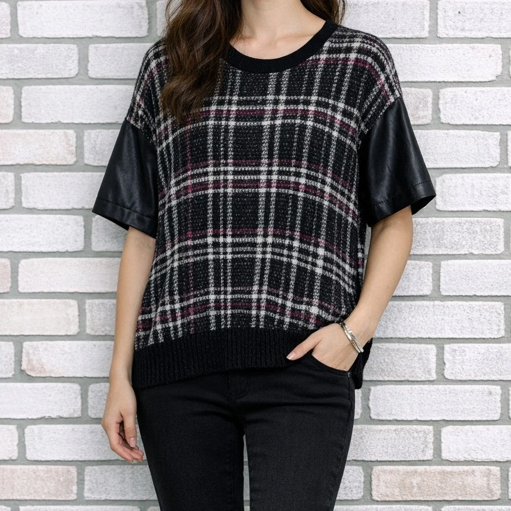 St John Plaid Mohair Wool Blend Leather Trim Short Sleeve Sweater Size L